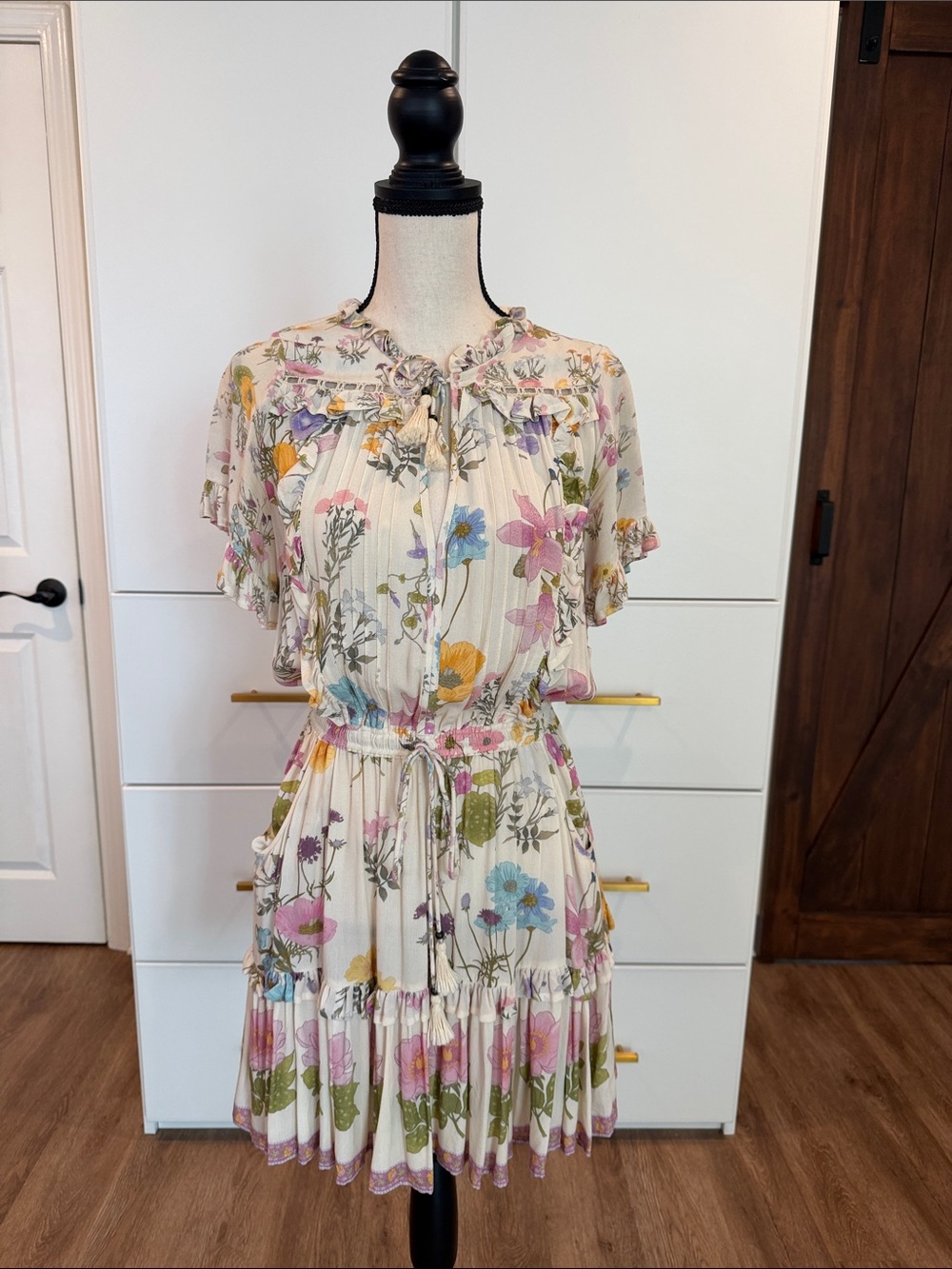 Spell & The Gypsy Ruffle Tie-Waist Short Dress in Cream Multicolored Flowers